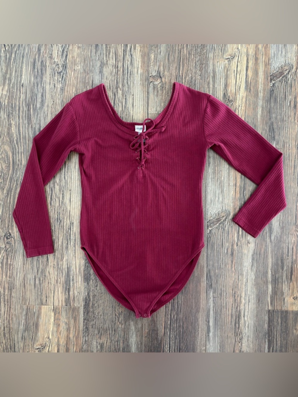 Vtg Sostanza Lace-Up Ribbed Long Sleeve Bodysuit One Piece Womens L Burgundy 90s